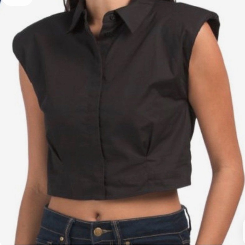 Zara Black Poplin Button Down Sleeveless Cropped Top
